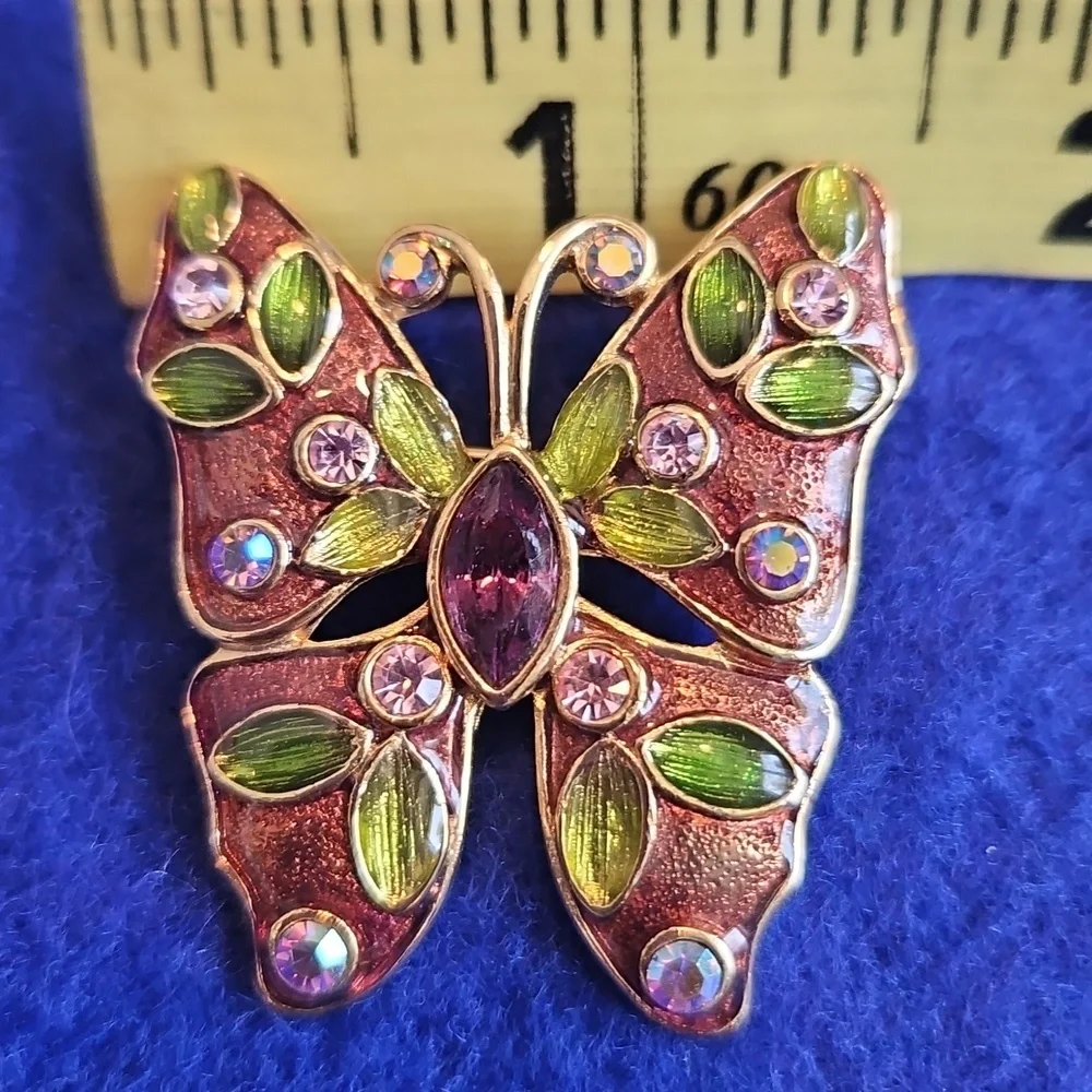 Vintage Liz Claibore Brooch Enameled, Rhinestones, Auroa Borealis, Gold Tone